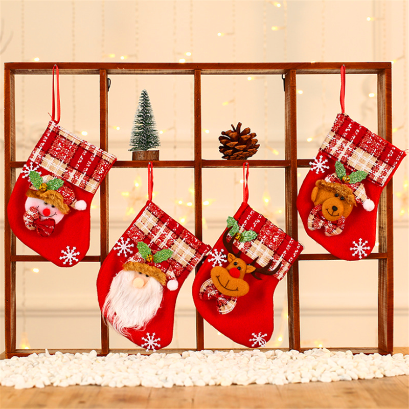 Mini Red Cartoon Christmas Stockings Christmas Tree Hanging Ornaments Decoration Kids Candy Bag Party Favors