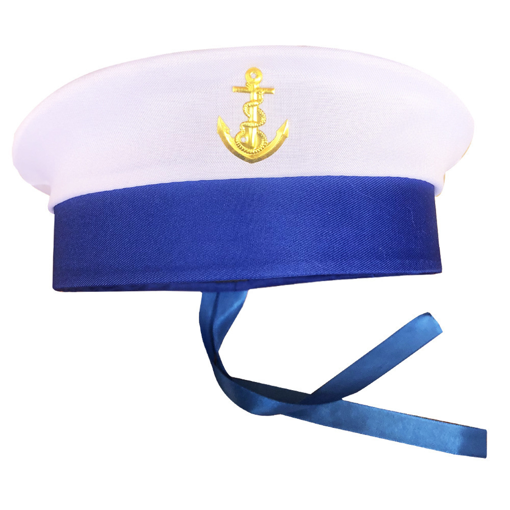 wholesale adult white blue captain cap sailor hat with ribbon