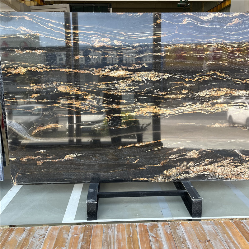 Luxury Brazilian Cosmic Black Granite With Gold Veins Slabs Black Quartzite Slab For Wall And Kitchen Countertop