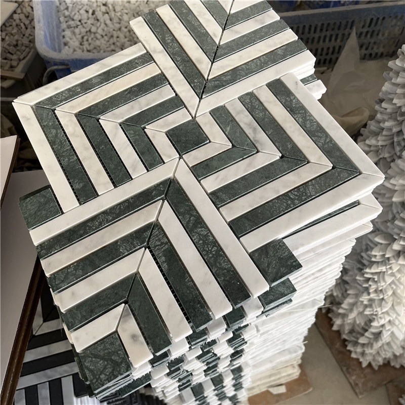 Factory Price Hot Sale White Marble And Green Marble Herringbone Mosaic Tiles Price Customized Herringbone Marble Mosai Tiles