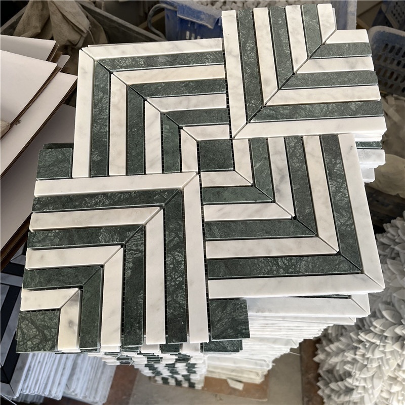 Factory Price Hot Sale White Marble And Green Marble Herringbone Mosaic Tiles Price Customized Herringbone Marble Mosai Tiles