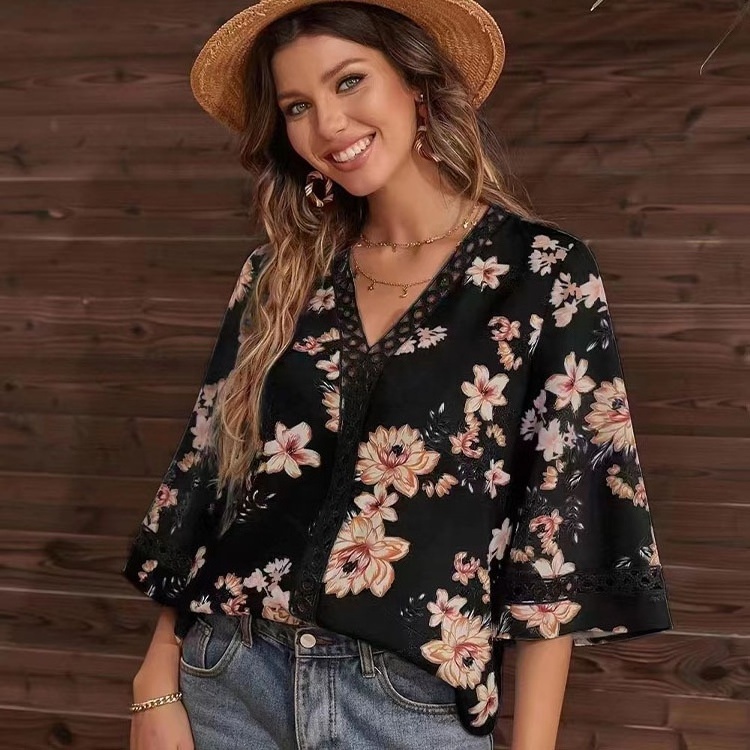 Wholesale Lady Casual Flower Printing Clothes 2023 Summer Fashion Lace Floral Pink Blue Oversize Pagoda Sleeve Chiffon Shirts