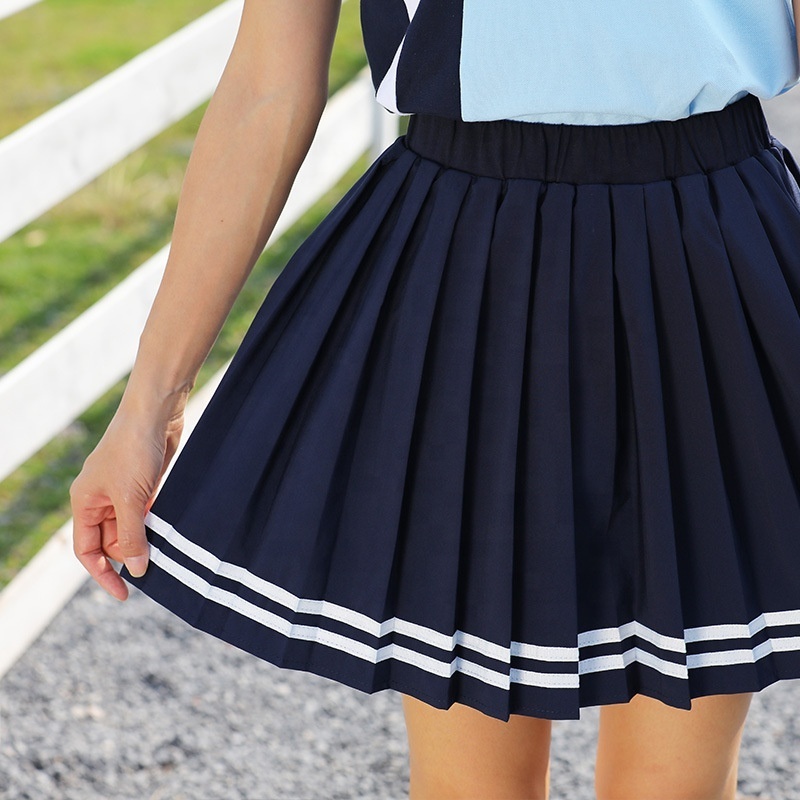 Wholesale Color Matching Summer Short Sleeve Polo Shirt T Shirt Pleated Skirt 2 Piece Set High School Student School Uniforms