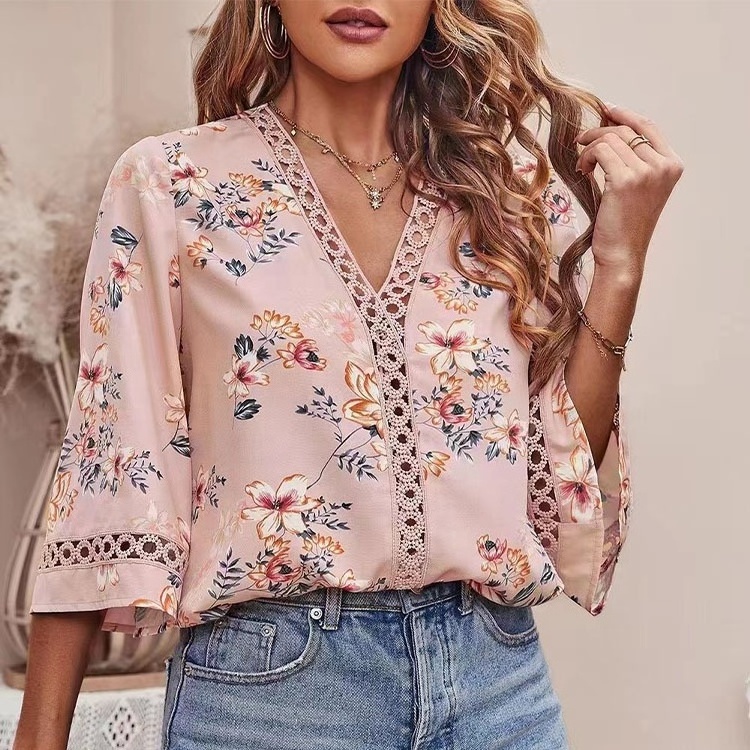 Wholesale Lady Casual Flower Printing Clothes 2023 Summer Fashion Lace Floral Pink Blue Oversize Pagoda Sleeve Chiffon Shirts