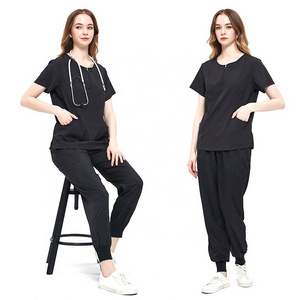 Sexy Women Short Sleeves Zip Up Round Neck Hospital Tops Pants Scrubs Set Nursing Doctor Classic Black Scrub Work Uniforms