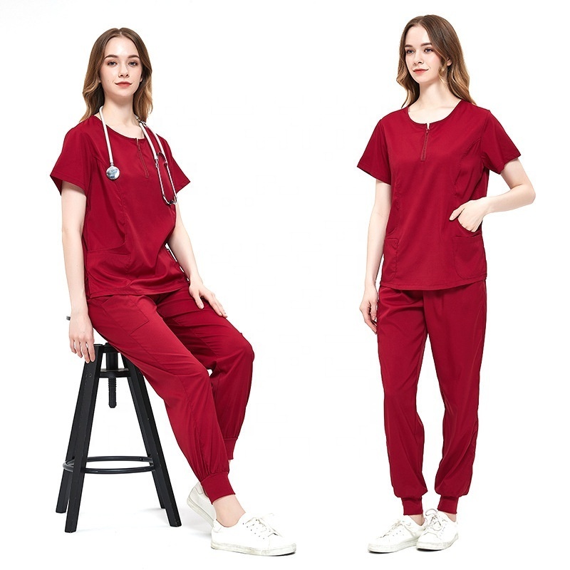 Sexy Women Short Sleeves Zip Up Round Neck Hospital Tops Pants Scrubs Set Nursing Doctor Classic Black Scrub Work Uniforms