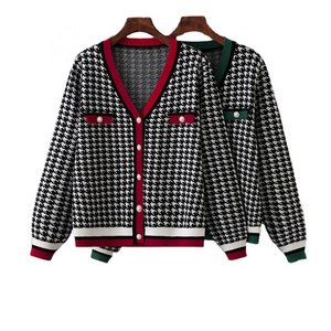 Factory Customized Retro Color Matching Rib Knitted Plaid Cardigan Short Top For Women Lady Button Down Sweaters with Pocket