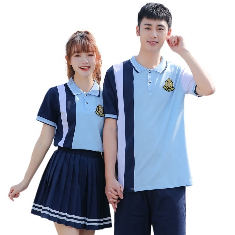 Wholesale Color Matching Summer Short Sleeve Polo Shirt T Shirt Pleated Skirt 2 Piece Set High School Student School Uniforms