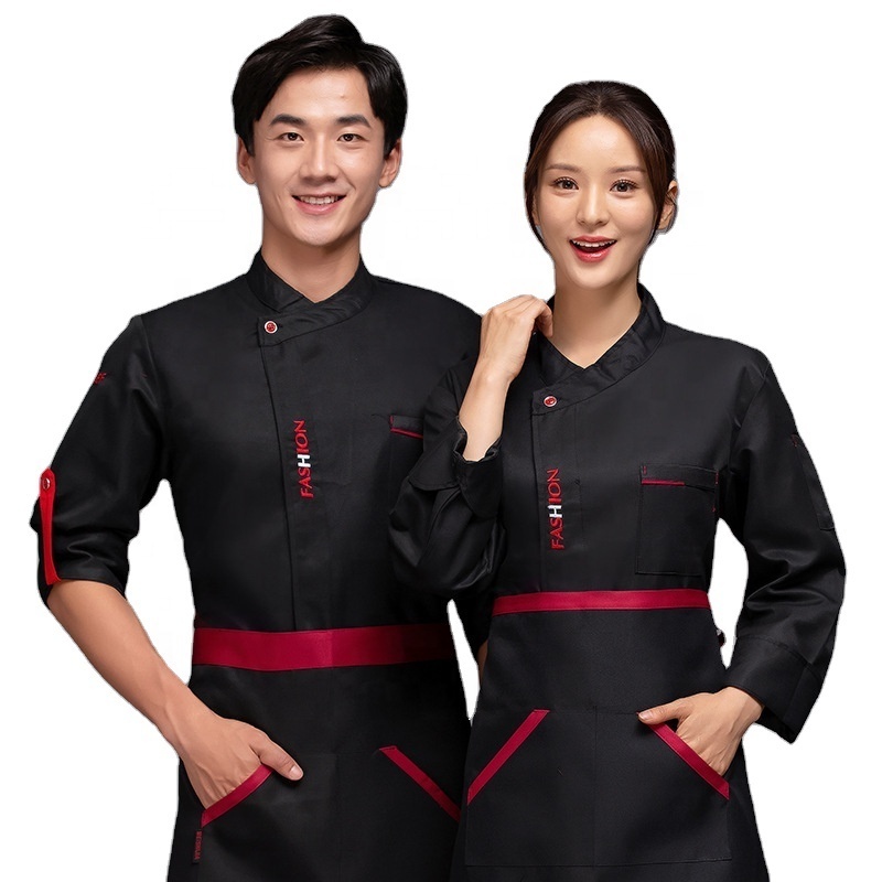 Custom Logo Stylish Long Sleeve Black White Red Unisex Work Coats Hotel Restaurant Kitchen Aprons Shirts Set Chef Uniform