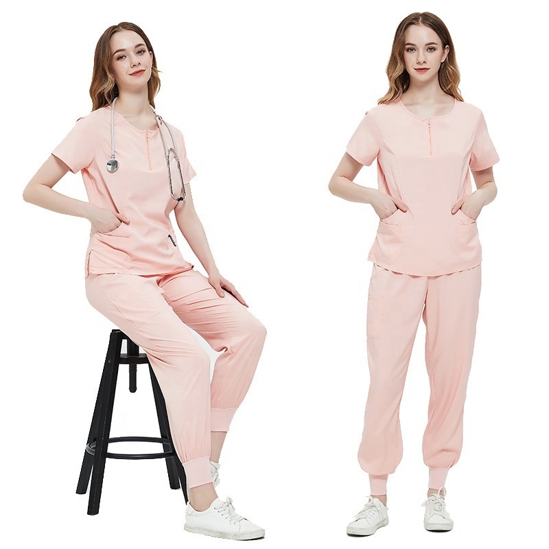 Sexy Women Short Sleeves Zip Up Round Neck Hospital Tops Pants Scrubs Set Nursing Doctor Classic Black Scrub Work Uniforms