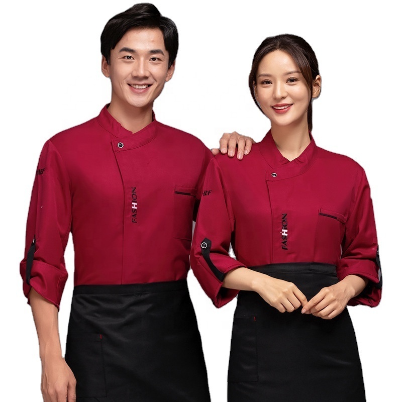 Custom Logo Stylish Long Sleeve Black White Red Unisex Work Coats Hotel Restaurant Kitchen Aprons Shirts Set Chef Uniform