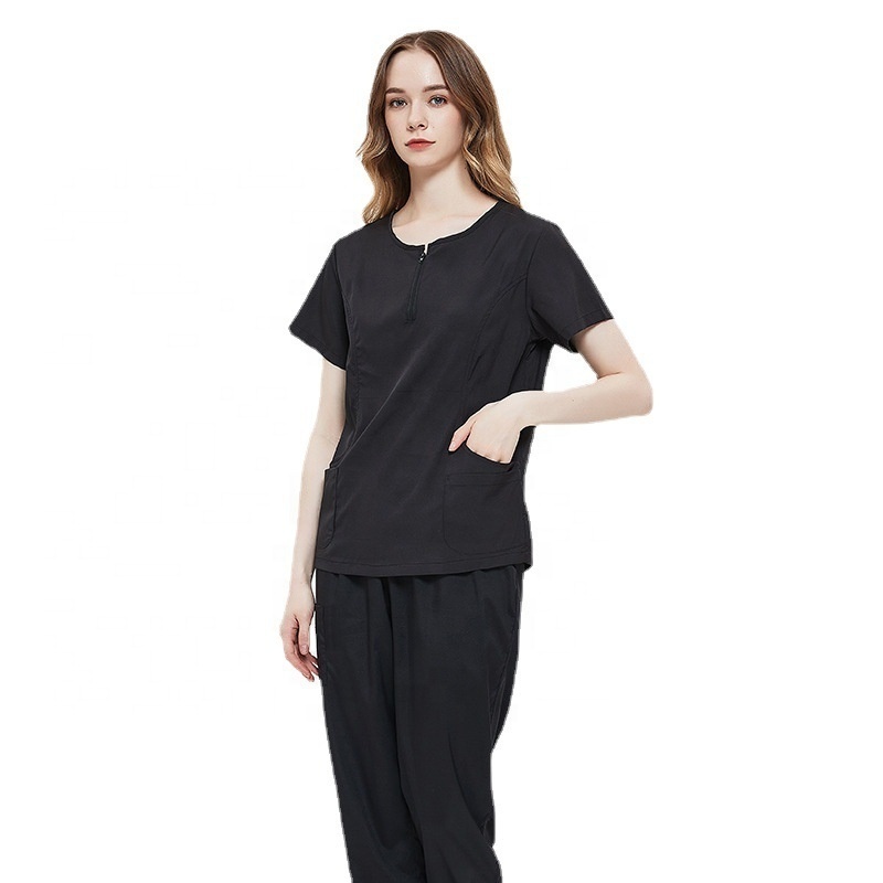 Sexy Women Short Sleeves Zip Up Round Neck Hospital Tops Pants Scrubs Set Nursing Doctor Classic Black Scrub Work Uniforms