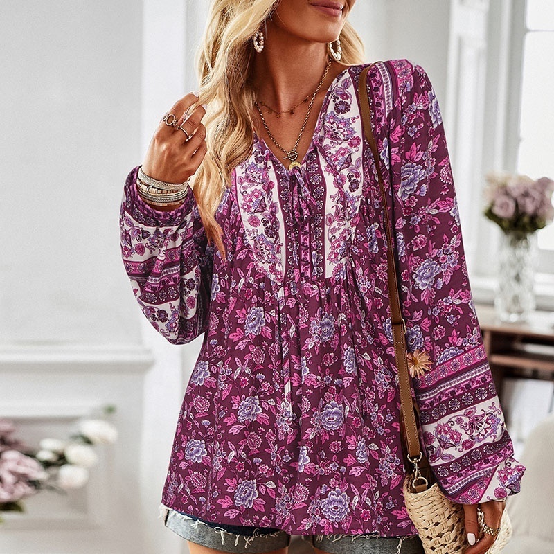 2023 Cross Border African Flower Printed Lantern Long Sleeved Shirt For Women Fashion Autumn Ladies Party Beach Casual Blouse