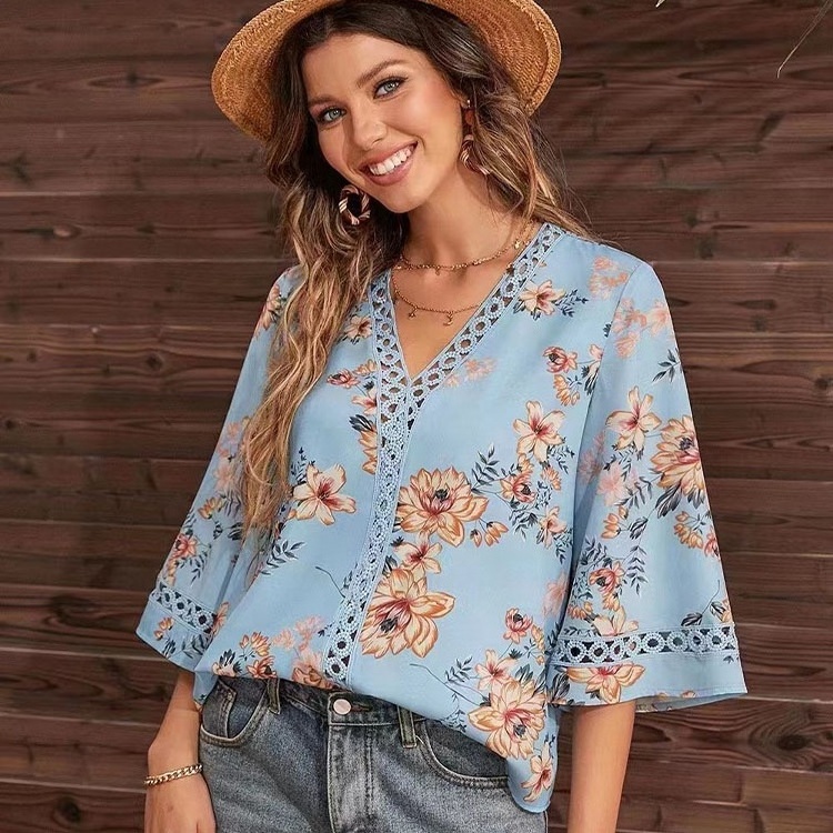 Wholesale Lady Casual Flower Printing Clothes 2023 Summer Fashion Lace Floral Pink Blue Oversize Pagoda Sleeve Chiffon Shirts