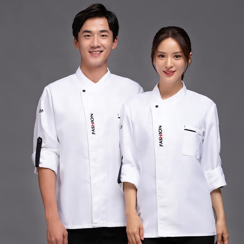 Custom Logo Stylish Long Sleeve Black White Red Unisex Work Coats Hotel Restaurant Kitchen Aprons Shirts Set Chef Uniform