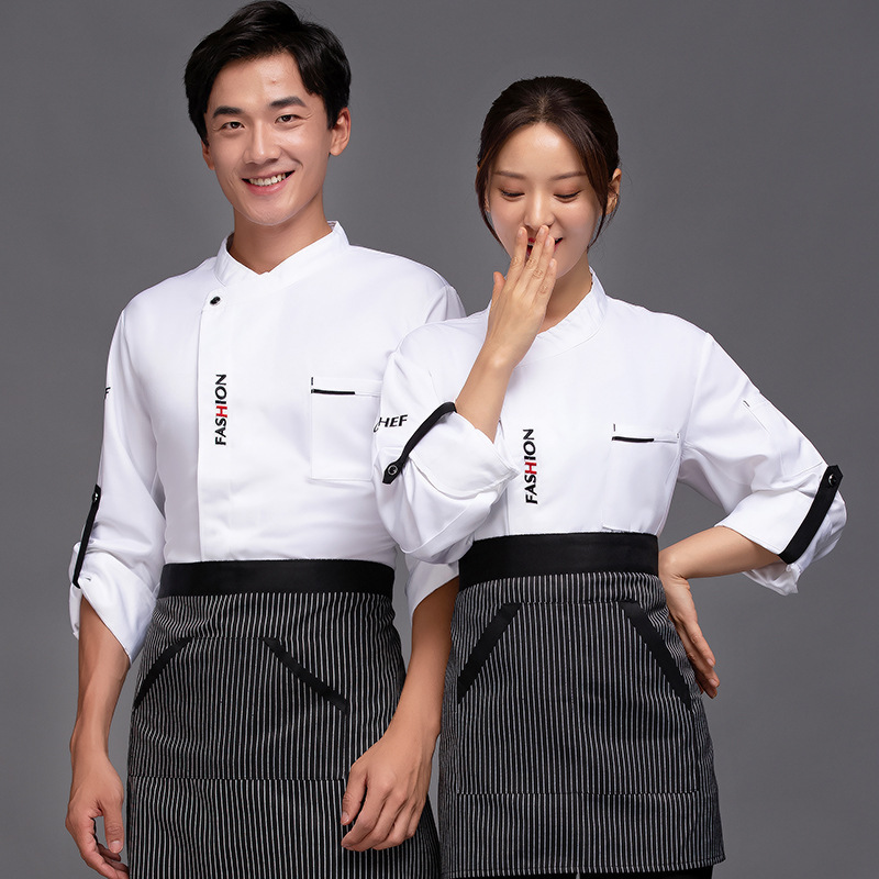 Custom Logo Stylish Long Sleeve Black White Red Unisex Work Coats Hotel Restaurant Kitchen Aprons Shirts Set Chef Uniform