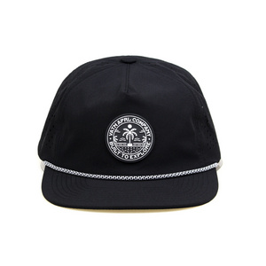 OEM Custom 5 Panel Luxury Quick Dry Black Polyester 3D Embroidery Laser Cut Drilled Hole Waterproof Snapback Cap Rope Hat