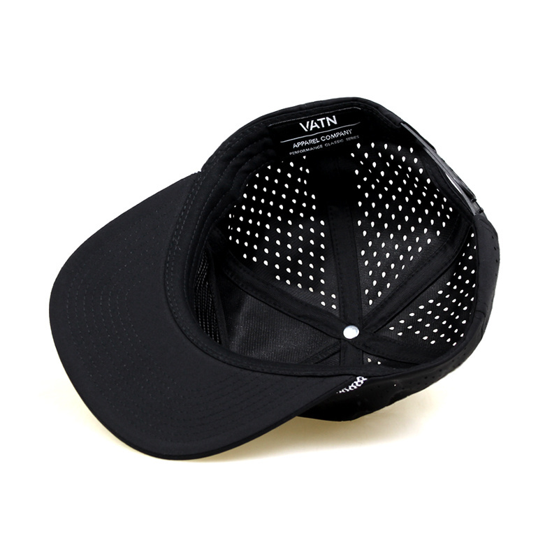 OEM Custom 5 Panel Luxury Quick Dry Black Polyester 3D Embroidery Laser Cut Drilled Hole Waterproof Snapback Cap Rope Hat