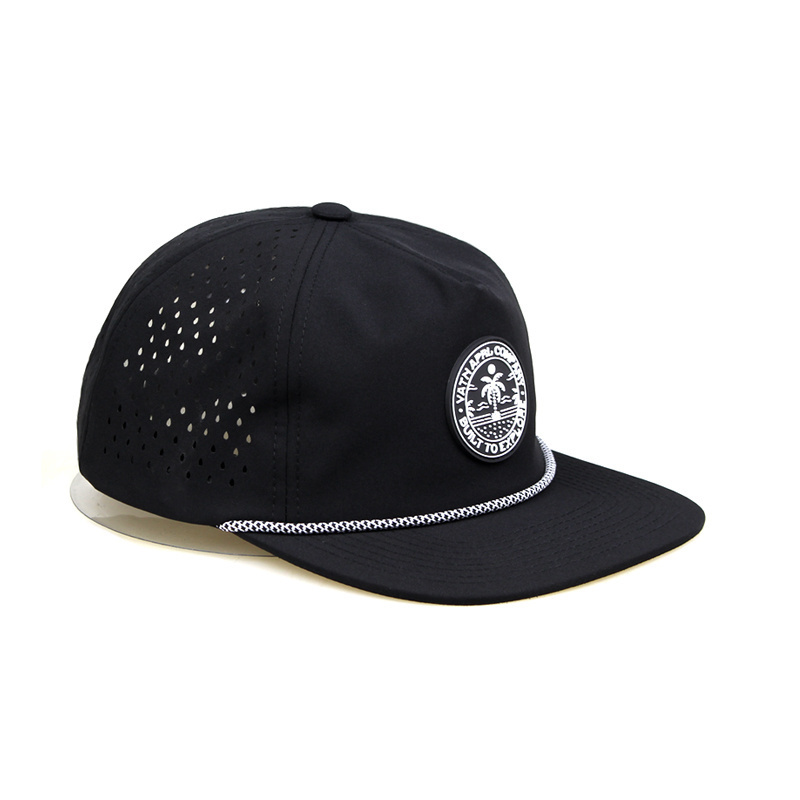 OEM Custom 5 Panel Luxury Quick Dry Black Polyester 3D Embroidery Laser Cut Drilled Hole Waterproof Snapback Cap Rope Hat