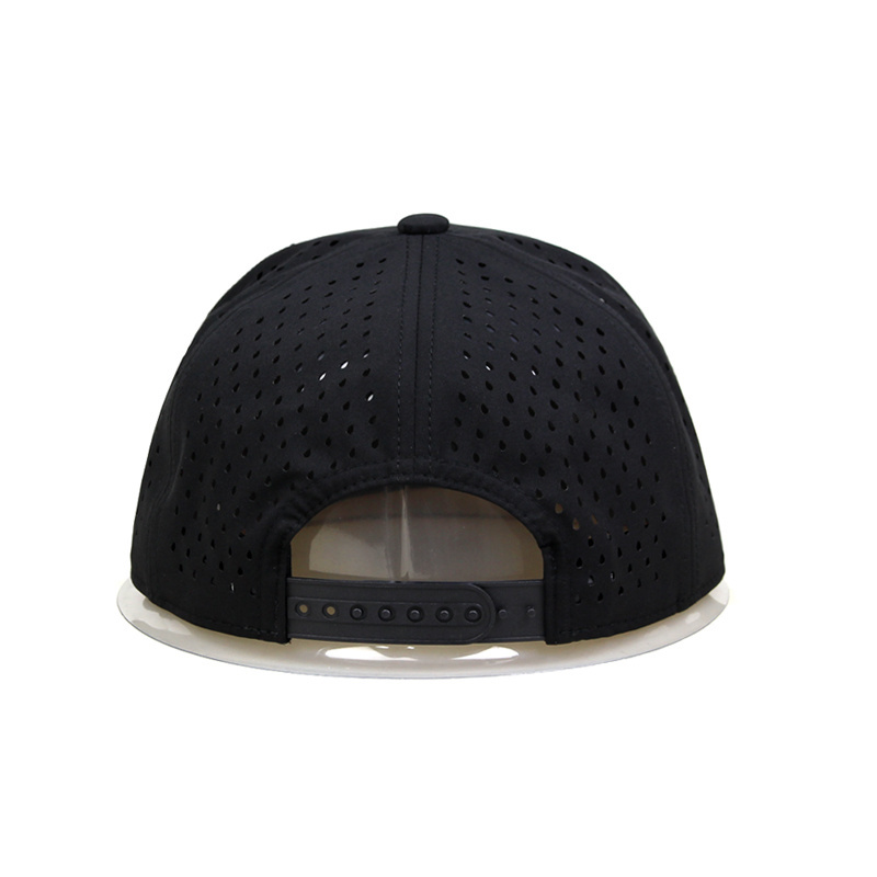 OEM Custom 5 Panel Luxury Quick Dry Black Polyester 3D Embroidery Laser Cut Drilled Hole Waterproof Snapback Cap Rope Hat