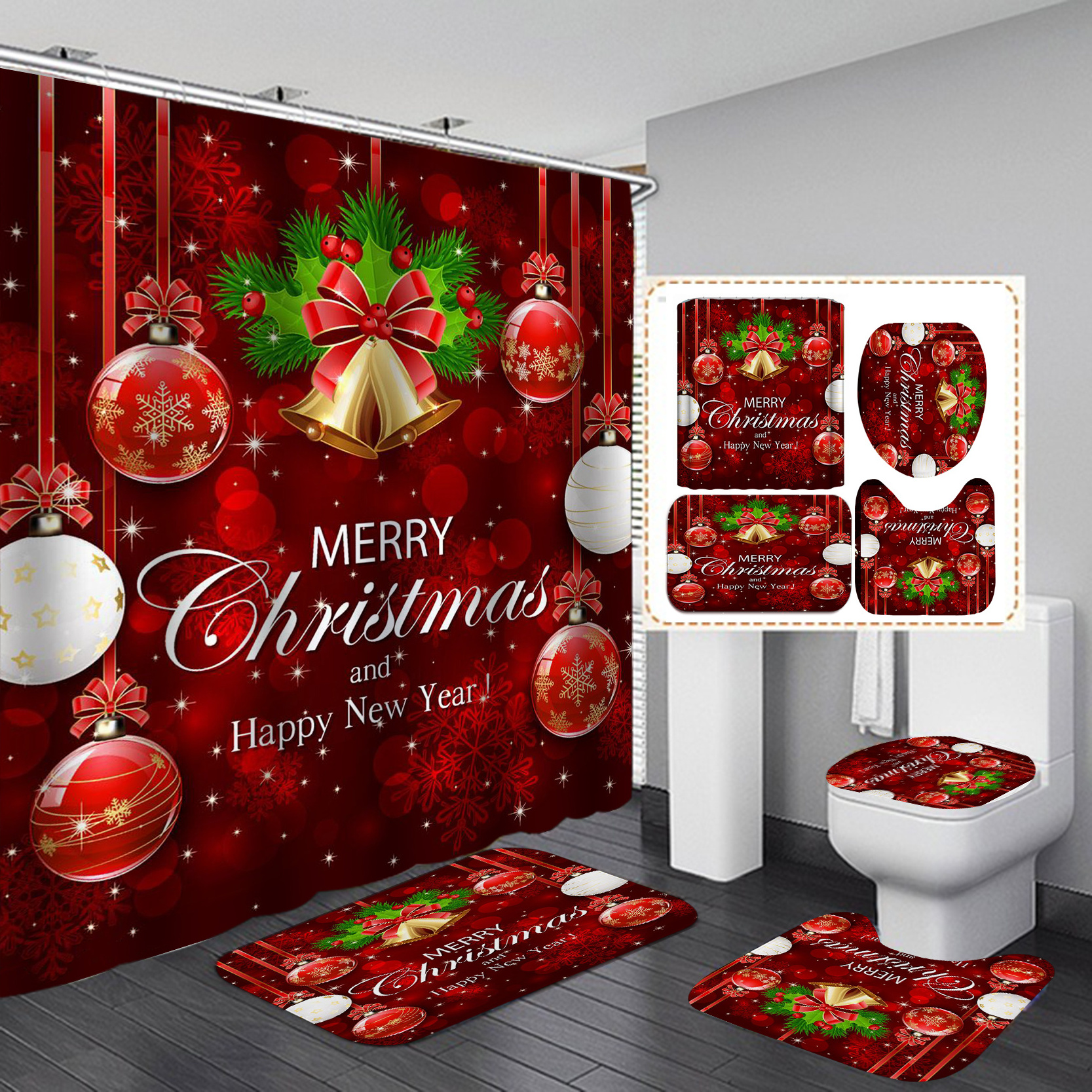 Christmas Bathroom Shower Curtains 4pcs Set Bath Rug Set with Non-Slip Rugs Luxury Shower Curtain