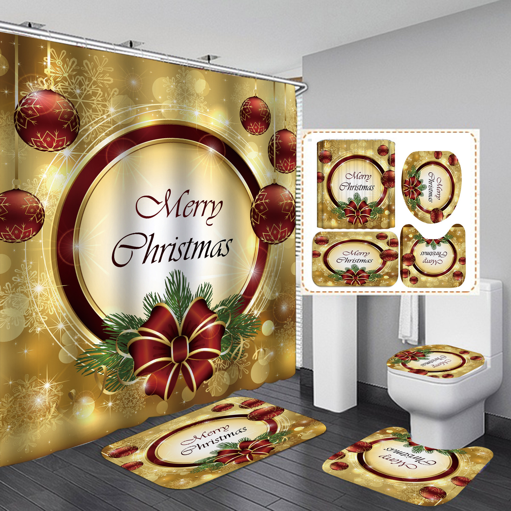 Christmas Bathroom Shower Curtains 4pcs Set Bath Rug Set with Non-Slip Rugs Luxury Shower Curtain