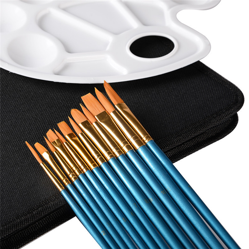 12 pcs artist paint brush sets nylon hair artist paint brush with palette acrylic wooden handle oil painting brush with case