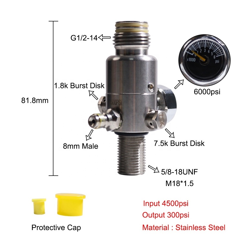 PCP Paintball 4500-300psi Stainless Steel HPA  Air Tank Regulator Valve with Dual Oring M18 thread 5/8-18UNF