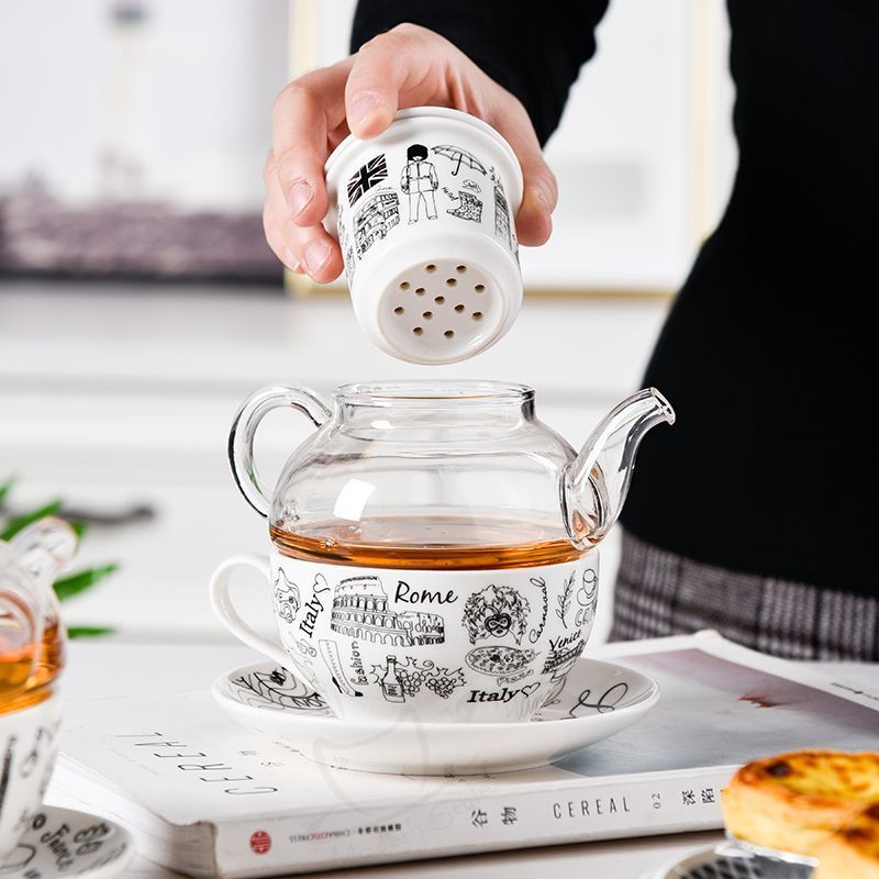 Wholesale mini glass tea pot and cup set Ceramic Cup and Saucer Porcelain teapot for one withe infuser strainer