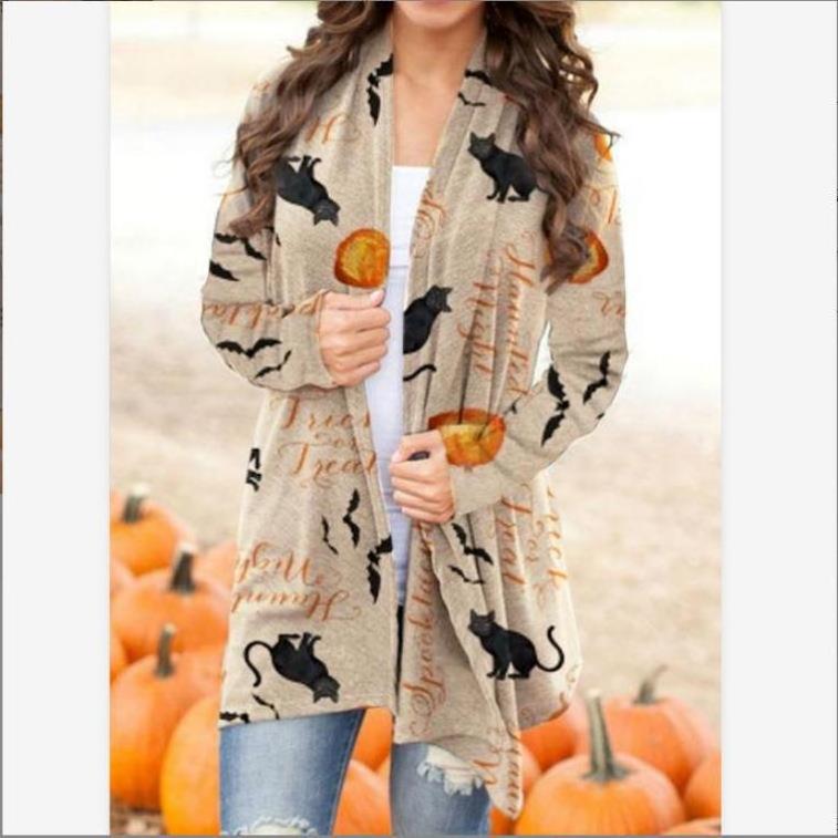 Women's Halloween Pumpkin Cat Print Knitting Cardigan Long Sleeve Open Front Knitted Sweater Outwear Coat Tops