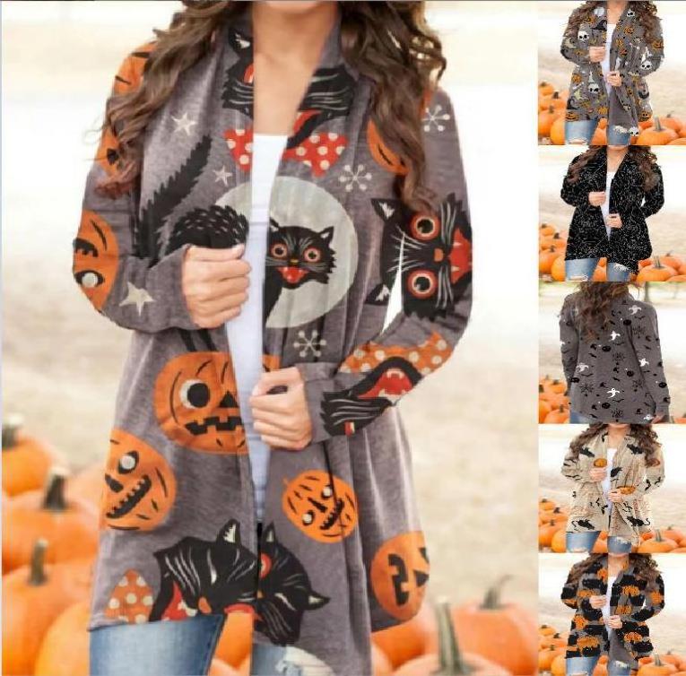 Women's Halloween Pumpkin Cat Print Knitting Cardigan Long Sleeve Open Front Knitted Sweater Outwear Coat Tops