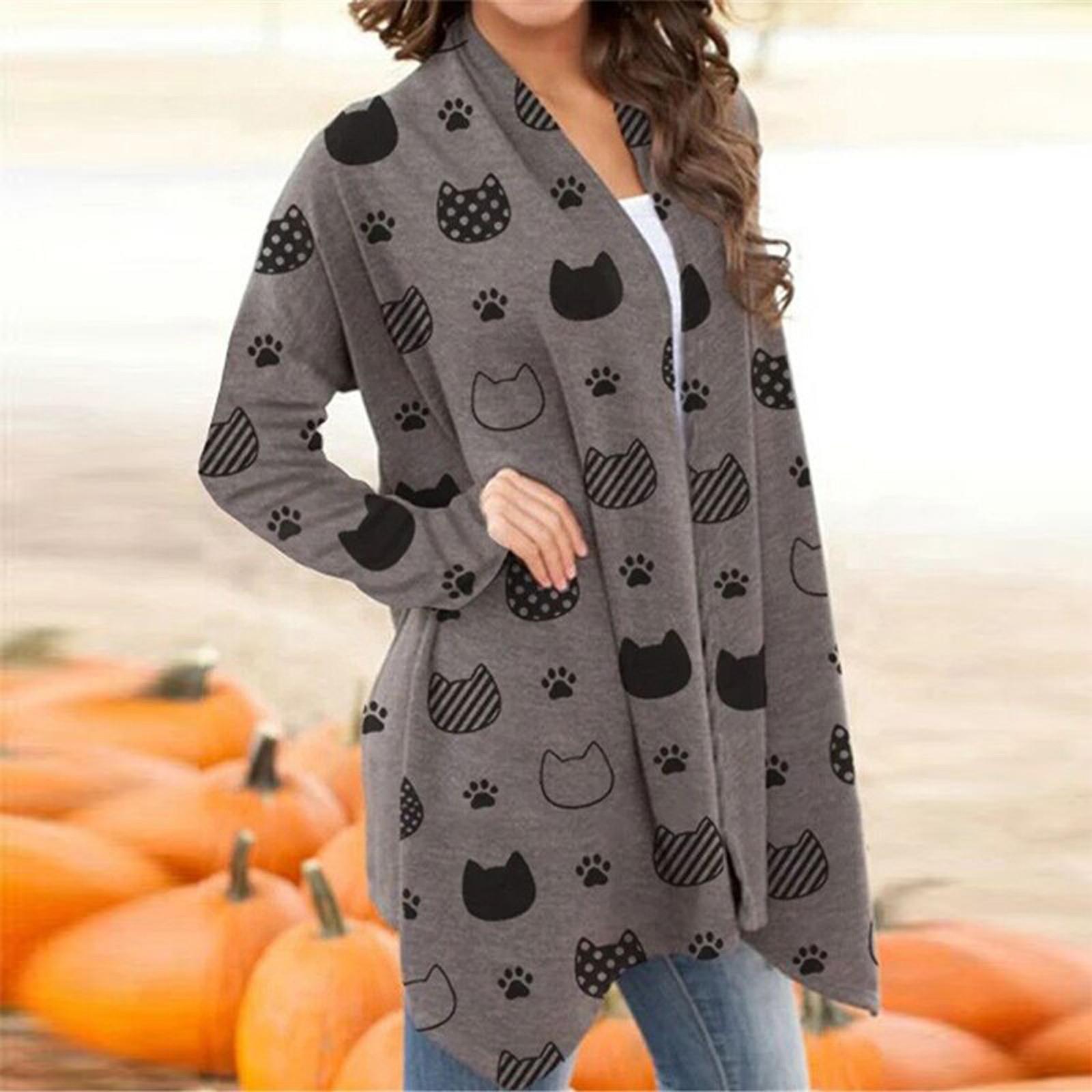 Women's Halloween Pumpkin Cat Print Knitting Cardigan Long Sleeve Open Front Knitted Sweater Outwear Coat Tops