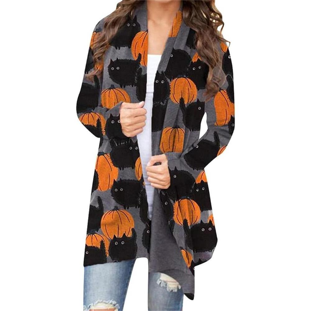 Women's Halloween Pumpkin Cat Print Knitting Cardigan Long Sleeve Open Front Knitted Sweater Outwear Coat Tops