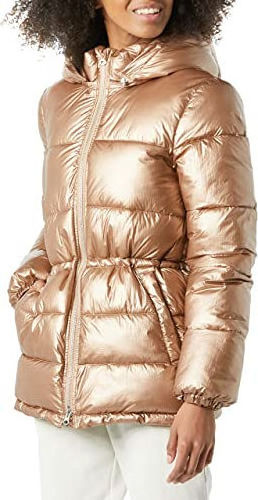 Ladies Women's Long Sleeve Quilted Wet Shiny Look Padded Puffer Fur Hooded Puffer Coat Jacket Shiny Look Hooded Bubble Jacket