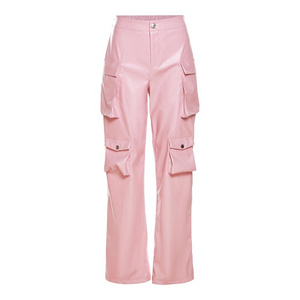 custom streatwear high waist black pink pu leather pants faux leather cargo pants for women 2023