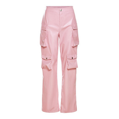 custom streatwear high waist black pink pu leather pants faux leather cargo pants for women 2023