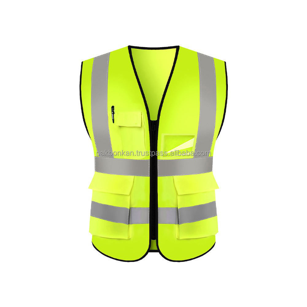 High Visibility Tons of 9 Pockets Mesh Security Vest Logo Printing Breathable Neon Yellow Premium Reflective Safety Vest