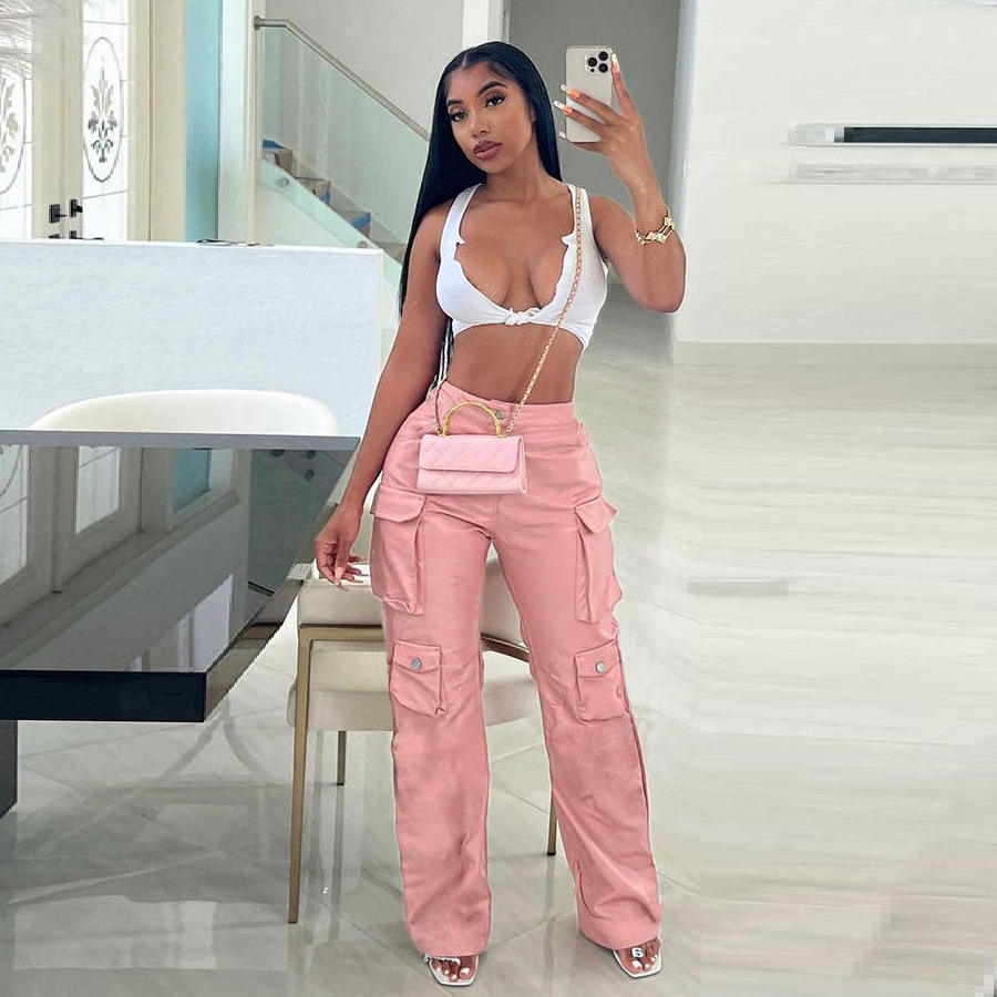 custom streatwear high waist black pink pu leather pants faux leather cargo pants for women 2023