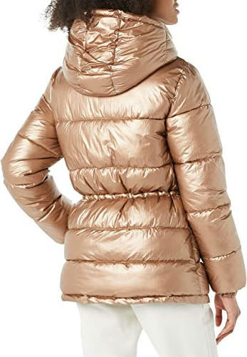 Ladies Women's Long Sleeve Quilted Wet Shiny Look Padded Puffer Fur Hooded Puffer Coat Jacket Shiny Look Hooded Bubble Jacket