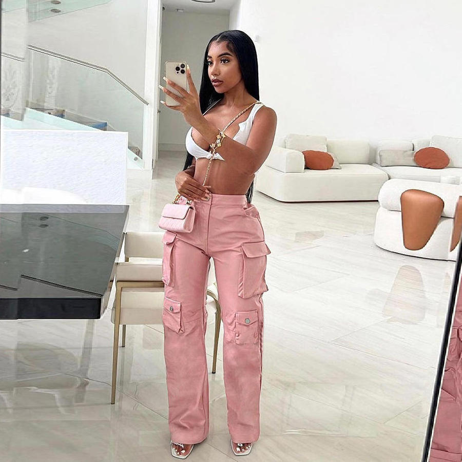 custom streatwear high waist black pink pu leather pants faux leather cargo pants for women 2023