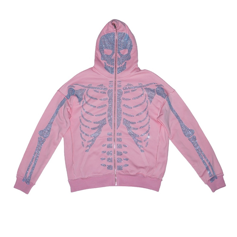 Rhinestone Skeleton Full Face Zip Hoodie Oversized Blank Custom Rhinestone Full Zip Up Hoodie