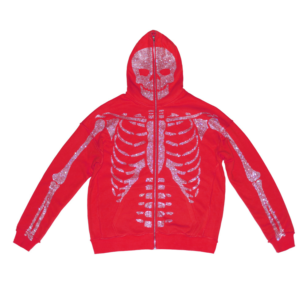 Rhinestone Skeleton Full Face Zip Hoodie Oversized Blank Custom Rhinestone Full Zip Up Hoodie