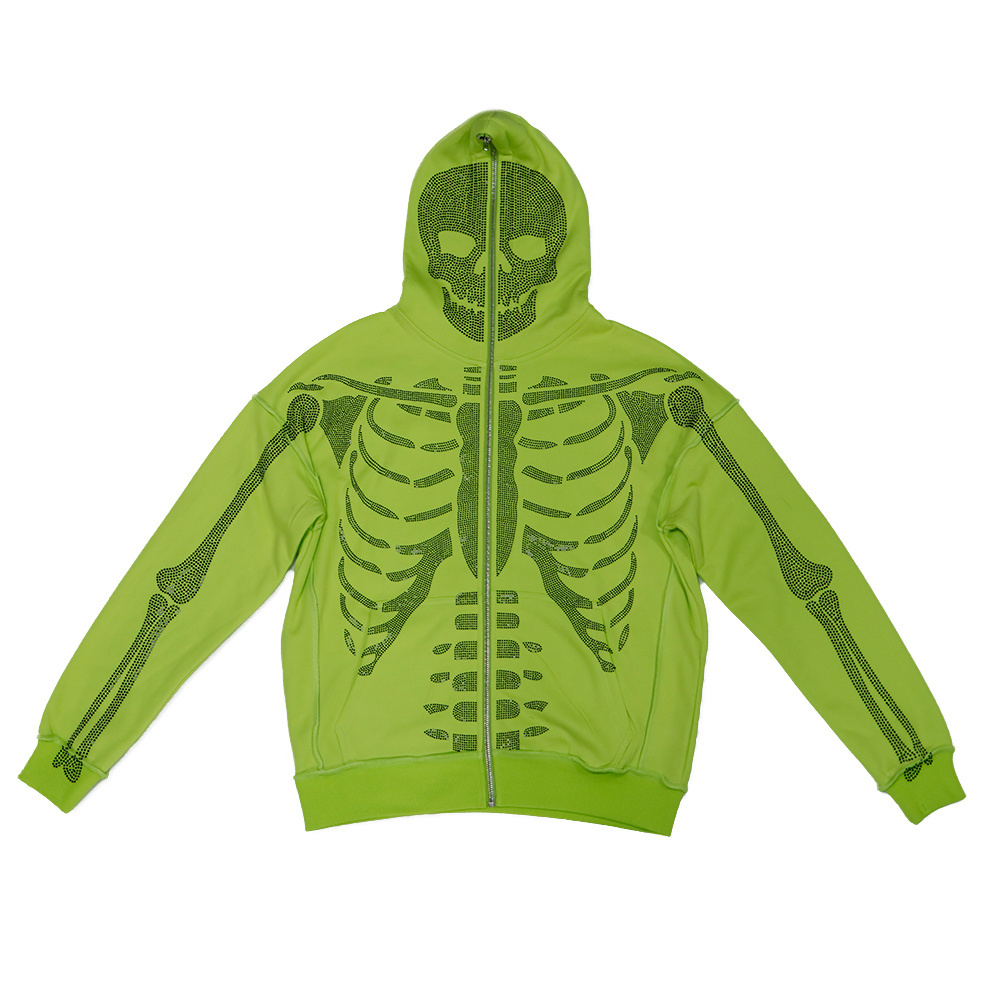 Rhinestone Skeleton Full Face Zip Hoodie Oversized Blank Custom Rhinestone Full Zip Up Hoodie