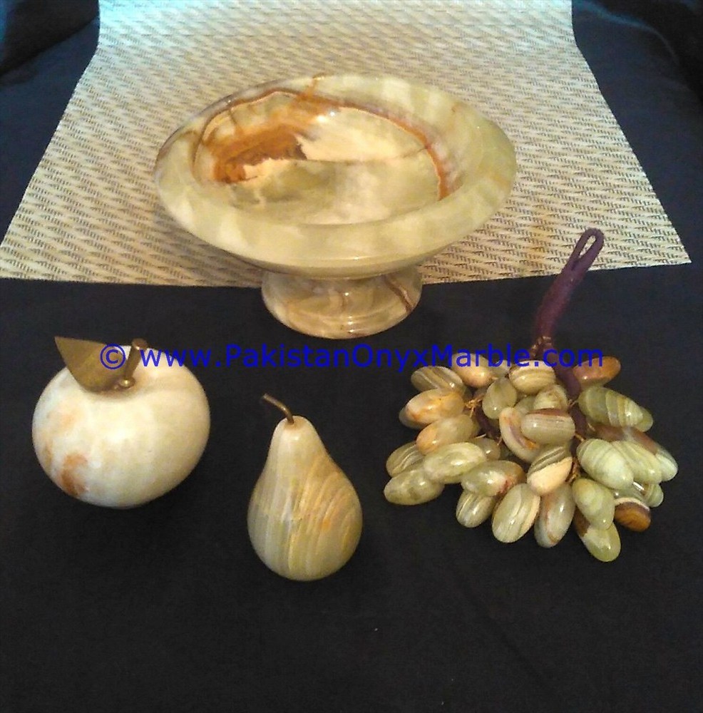 Carved and Polished Onyx Pedestal fruits Bowls With Fruits Apple , Grapes, Pear , Banana