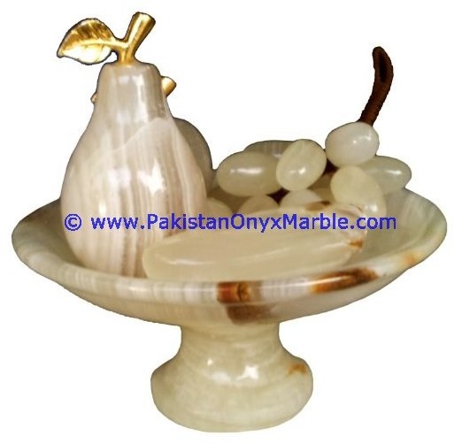 Carved and Polished Onyx Pedestal fruits Bowls With Fruits Apple , Grapes, Pear , Banana