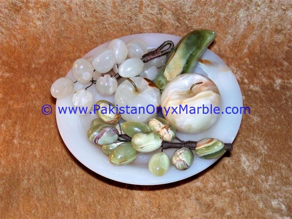 Carved and Polished Onyx Pedestal fruits Bowls With Fruits Apple , Grapes, Pear , Banana