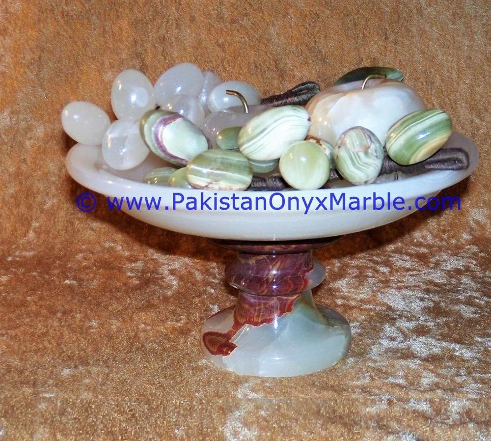 Carved and Polished Onyx Pedestal fruits Bowls With Fruits Apple , Grapes, Pear , Banana