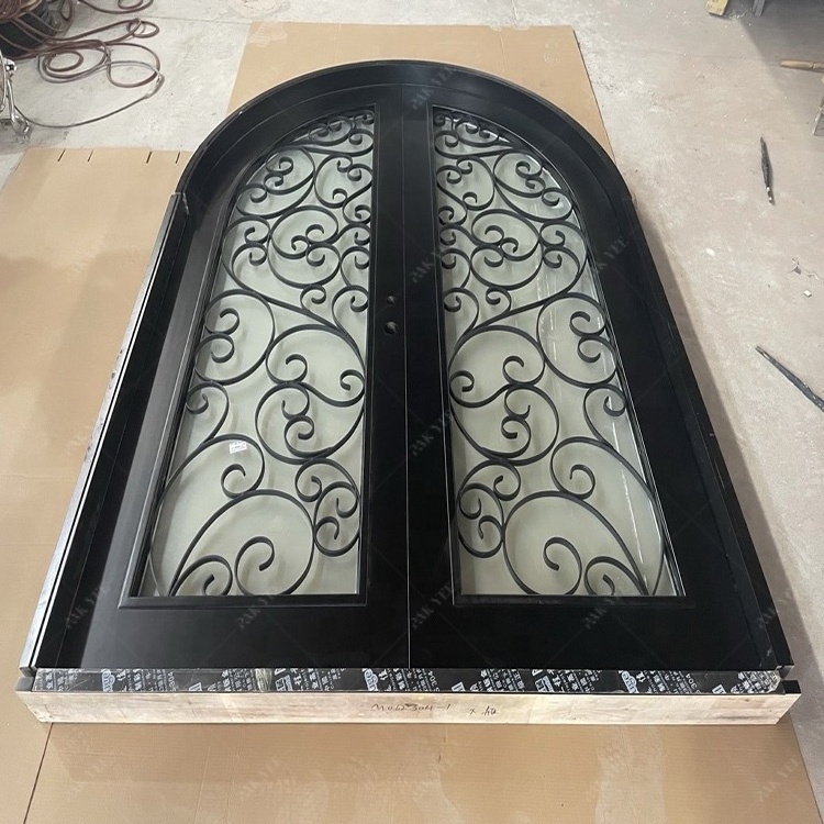 Customized double circular arc solid wood door, using tempered frosted glass and iron decorative atmosphere beautiful