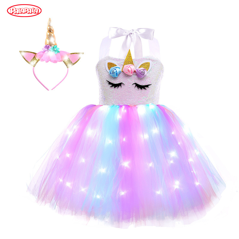 Factory Price Wedding Sweet Birthday girl Rainbow Tutu Princess Unicorn Headband Led Light Up Girls Dresses Party dress