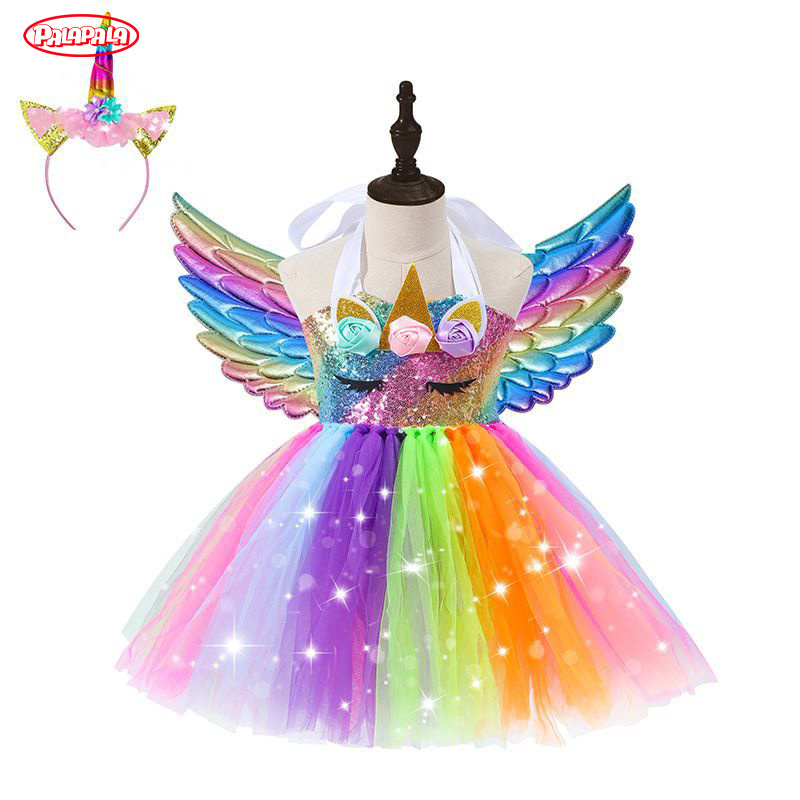 Factory Price Wedding Sweet Birthday girl Rainbow Tutu Princess Unicorn Headband Led Light Up Girls Dresses Party dress